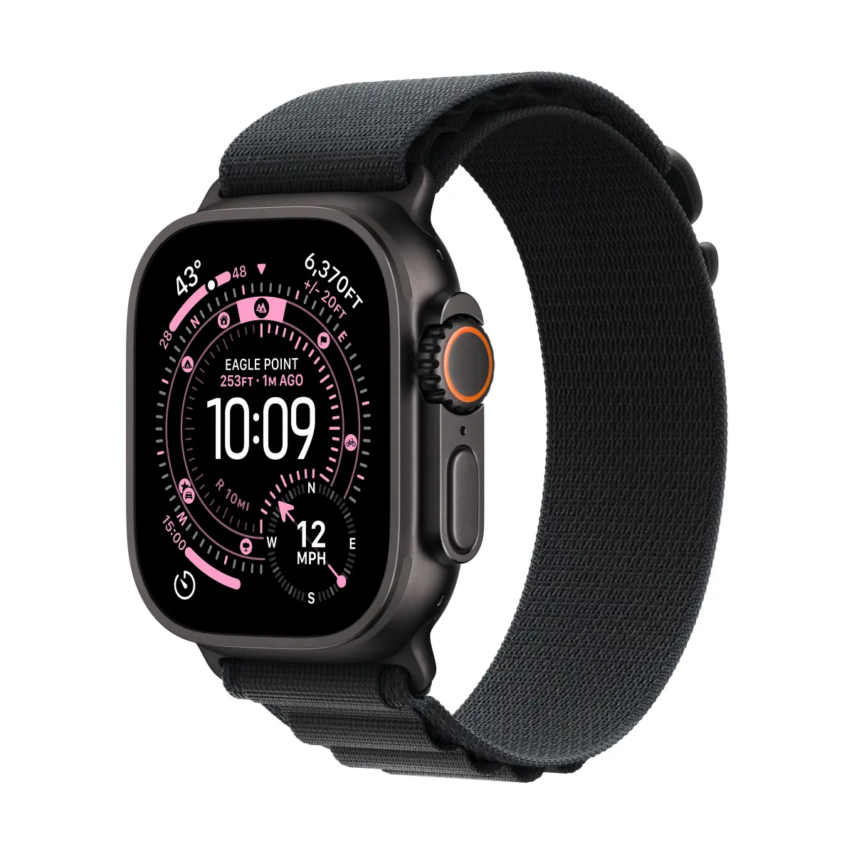 Apple_Watch_Ultra_3_49mm_Black_Titanium_Black_Alpine_Loop_34FR_Screen__WWEN Apple Watch Ultra 3 GPS + Cellular 49mm Black Titanium Case with Black Alpine Loop - Small