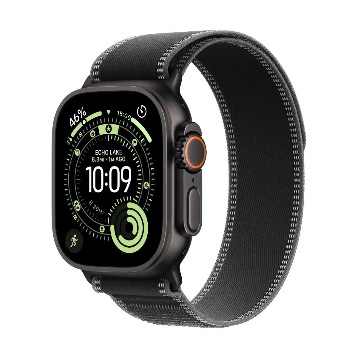 Apple_Watch_Ultra_3_49mm_Black_Titanium_Black_Charcoal_Trail_Loop_34FR_Screen__WWEN Apple Watch Ultra 3 GPS + Cellular 49mm Black Titanium Case with Black/Charcoal Trail Loop - S/M