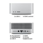Портовете на Apple Mac Studio с M5 Max отпред и отзад: два USB-C, SDXC, четири Thunderbolt 5, Ethernet, два USB-A, HDMI и жак