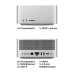 Портовете на Apple Mac Studio с M5 Ultra отпред и отзад: два Thunderbolt 5, SDXC, още четири Thunderbolt 5, Ethernet, два USB-A, HDMI и жак