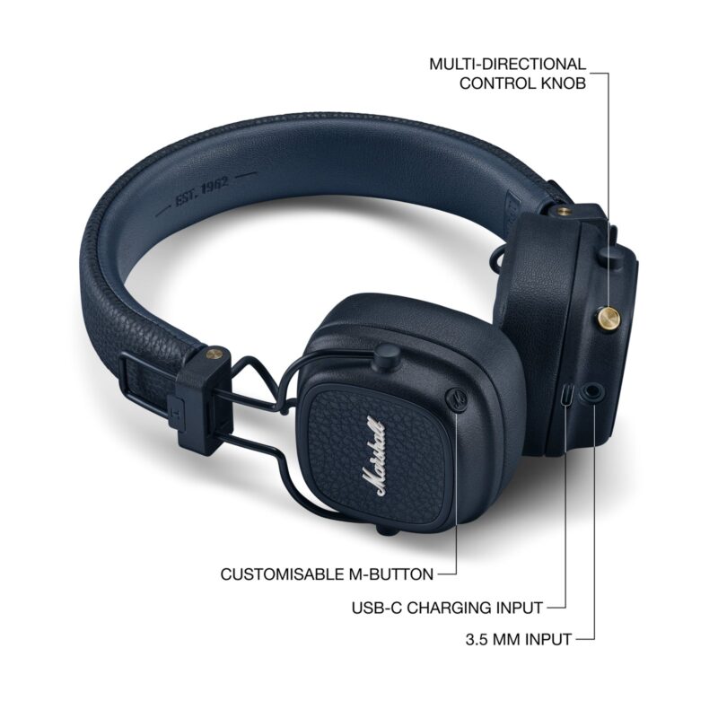 Marshall Major V Midnight Blue, тъмносини слушалки - под ъгъл