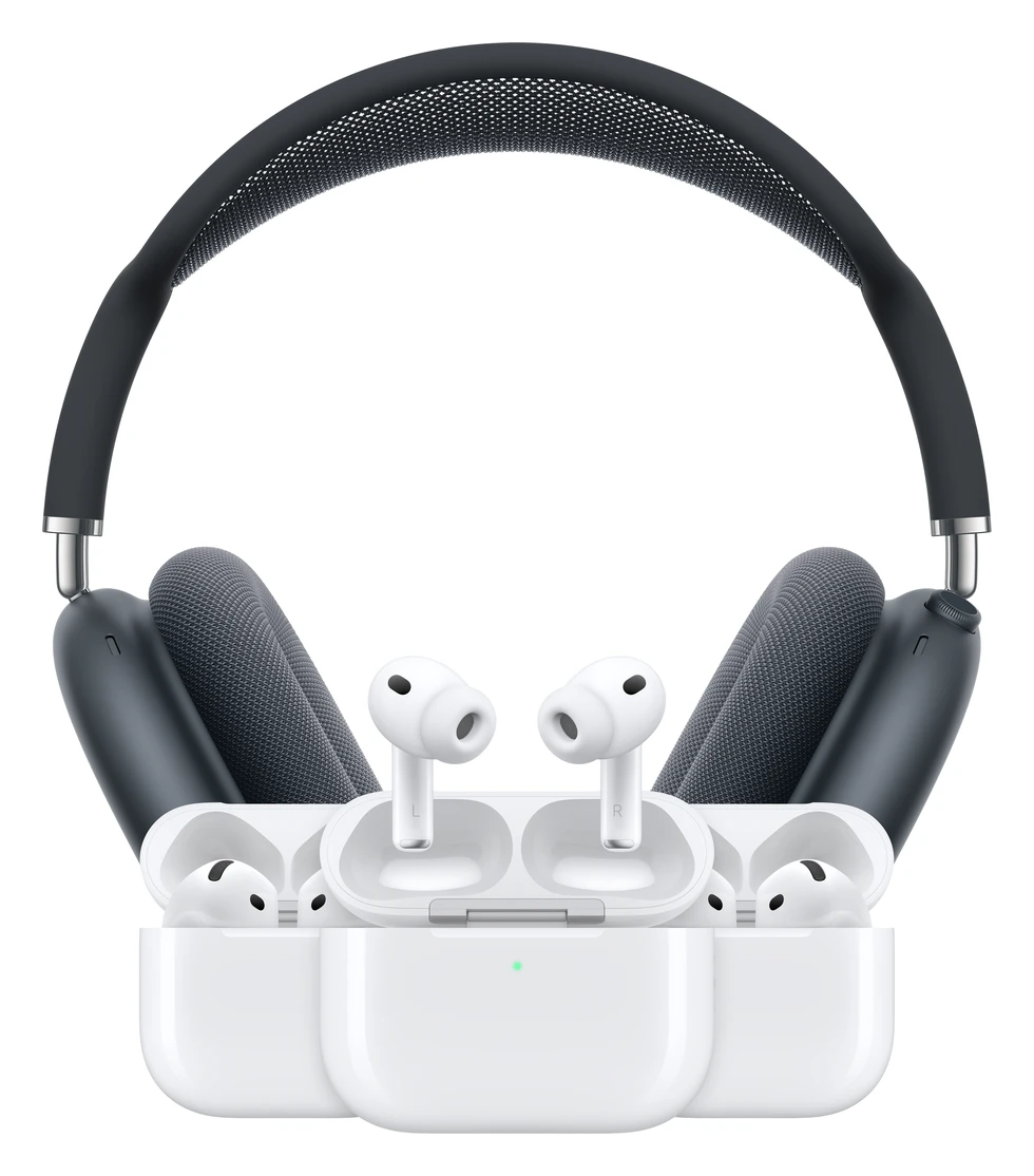AirPods Max 2 над кутиите на AirPods Pro 3 и AirPods 5