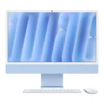 iMac 24 с чип M6 в цвят Blue – отпред, с клавиатура и мишка