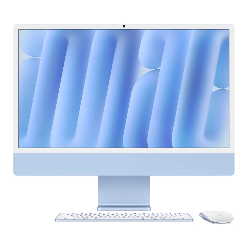 iMac 24 с чип M6 в цвят Blue – отпред, с клавиатура и мишка iMac 24 с чип M6 в цвят Blue – отпред, с клавиатура и мишка
