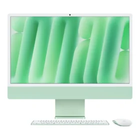 iMac 24 с чип M6 в цвят Green – отпред, с клавиатура и мишка