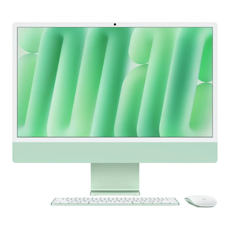 iMac 24 с чип M6 в цвят Green – отпред, с клавиатура и мишка