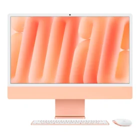 iMac 24 с чип M6 в цвят Orange – отпред, с клавиатура и мишка