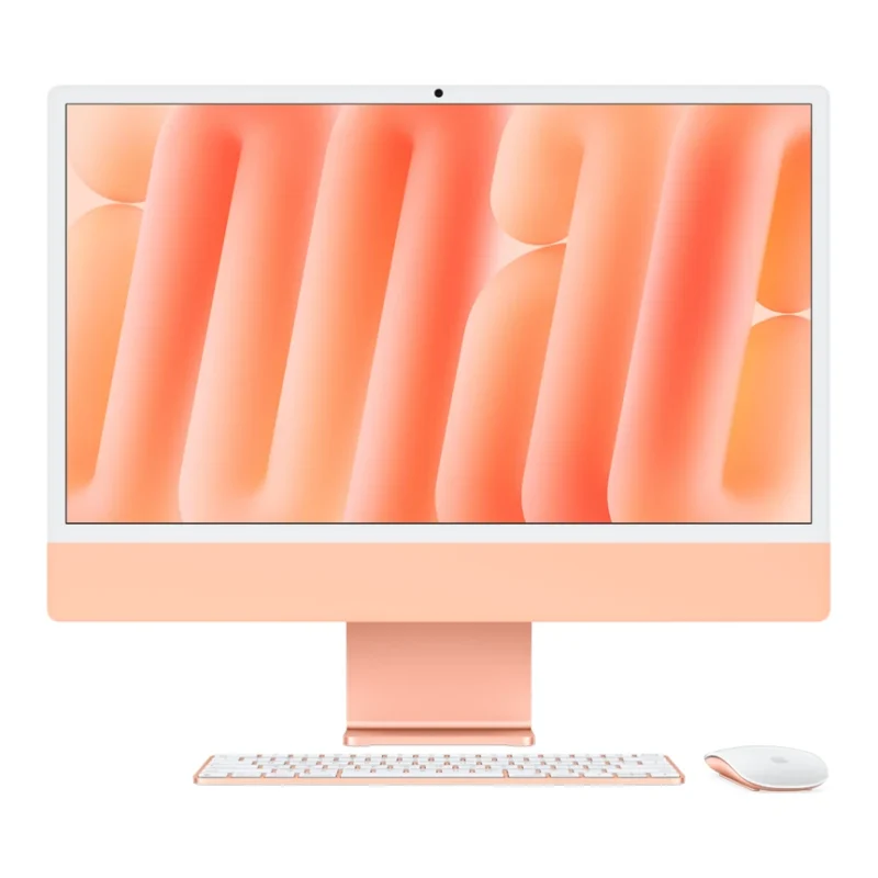 iMac 24 с чип M6 в цвят Orange – отпред, с клавиатура и мишка