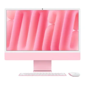 iMac 24 с чип M6 в цвят Pink – отпред, с клавиатура и мишка