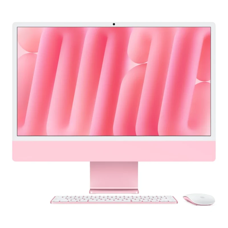 iMac 24 с чип M6 в цвят Pink – отпред, с клавиатура и мишка