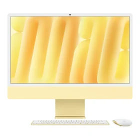 iMac 24 с чип M6 в цвят Yellow – отпред, с клавиатура и мишка