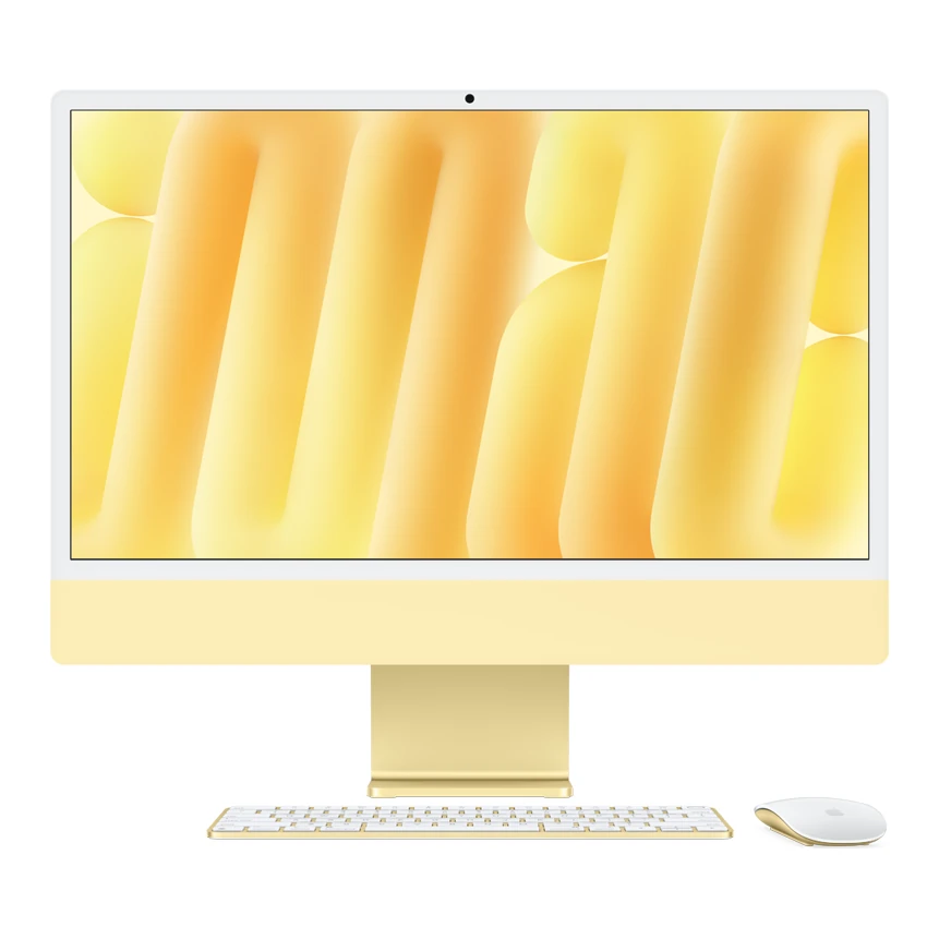 iMac 24 с чип M6 в цвят Yellow – отпред, с клавиатура и мишка iMac 24 с чип M6 в цвят Yellow – отпред, с клавиатура и мишка