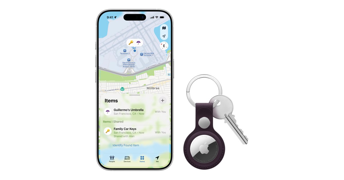 iPhone 17 с приложението Find My и AirTag на халка FineWoven