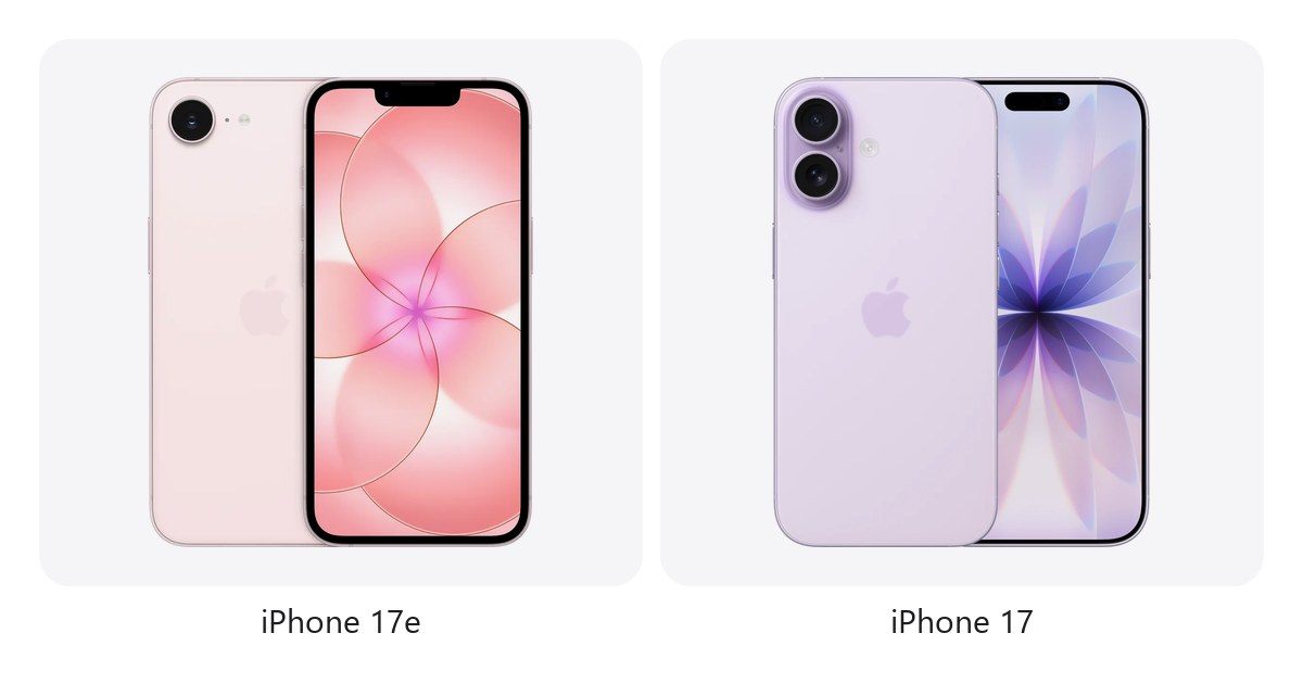 iPhone 17e в цвят Soft Pink и iPhone 17 в цвят Lavender