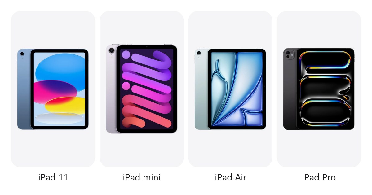 iPad 11, iPad mini, iPad Air и iPad Pro един до друг
