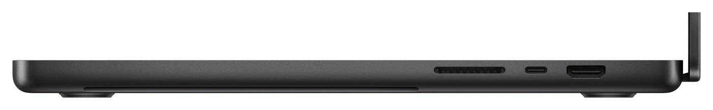 Дясната страна на MacBook Pro 16 в Space Black: слот за SDXC карта, Thunderbolt и HDMI